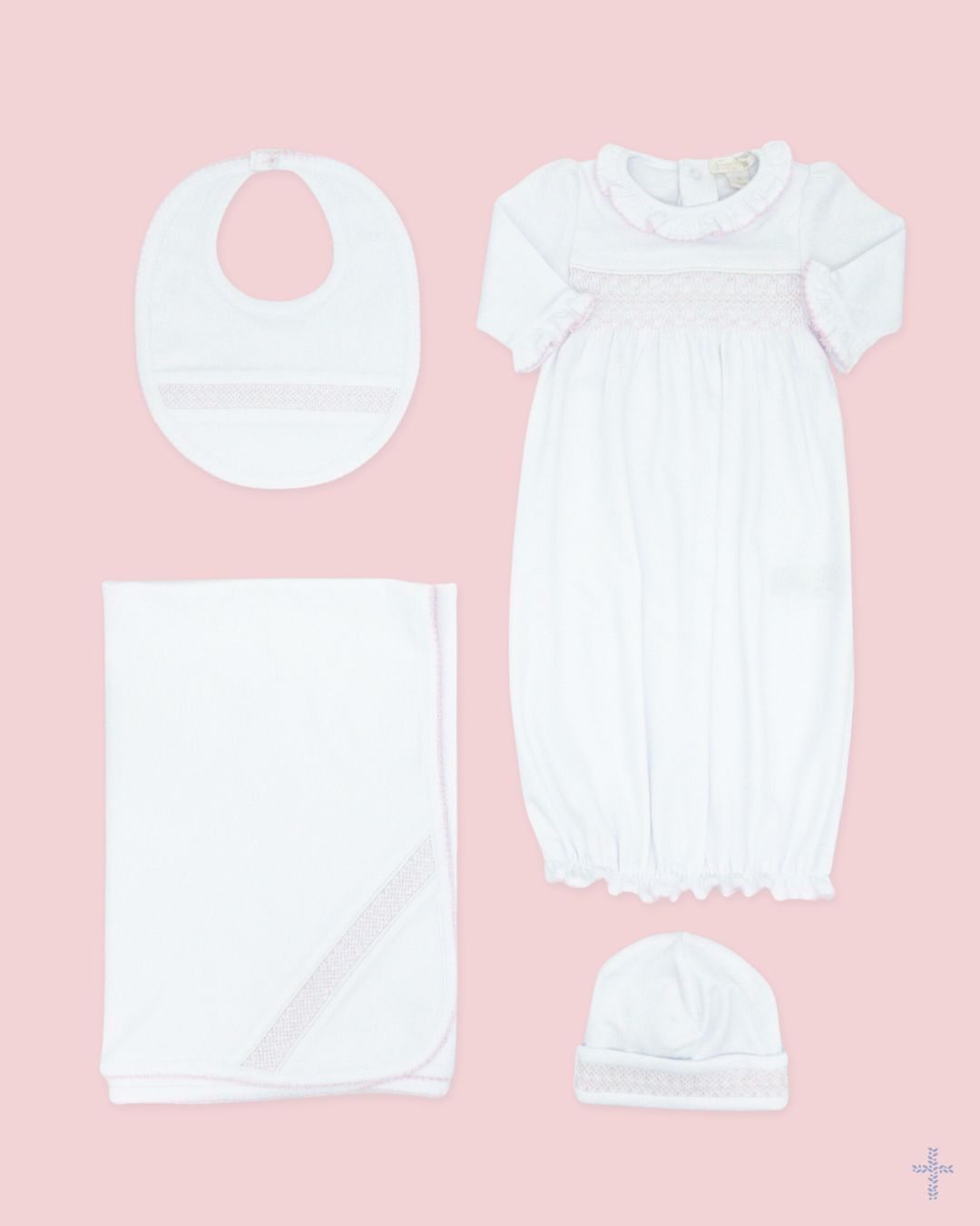Auraluz Christening Gown/Slip/Hat. White with white piping trim and cr –  AURALUZ